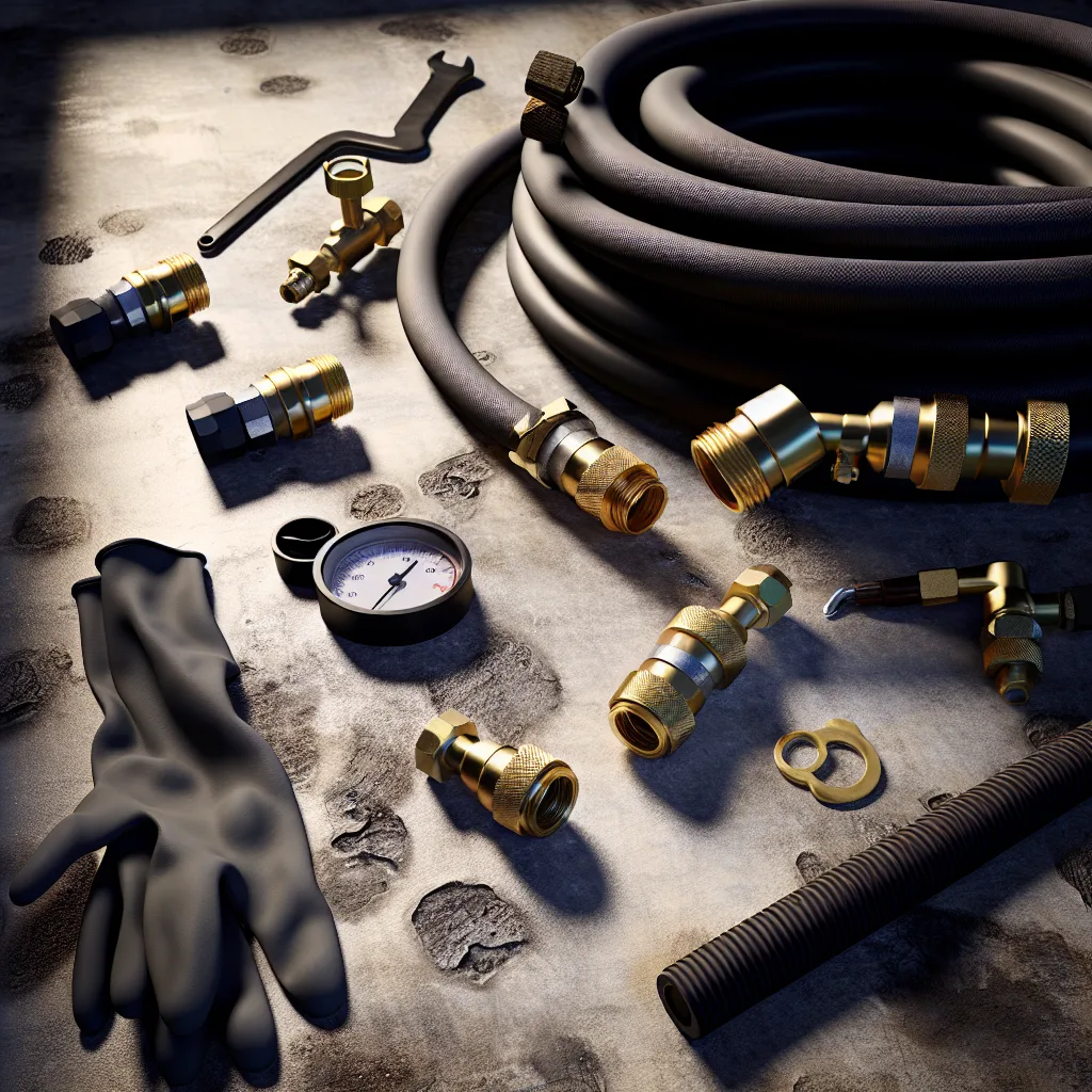 Sanitation service tools including suction hose, brass fittings, valve wrench, and tank cap on a concrete surface.