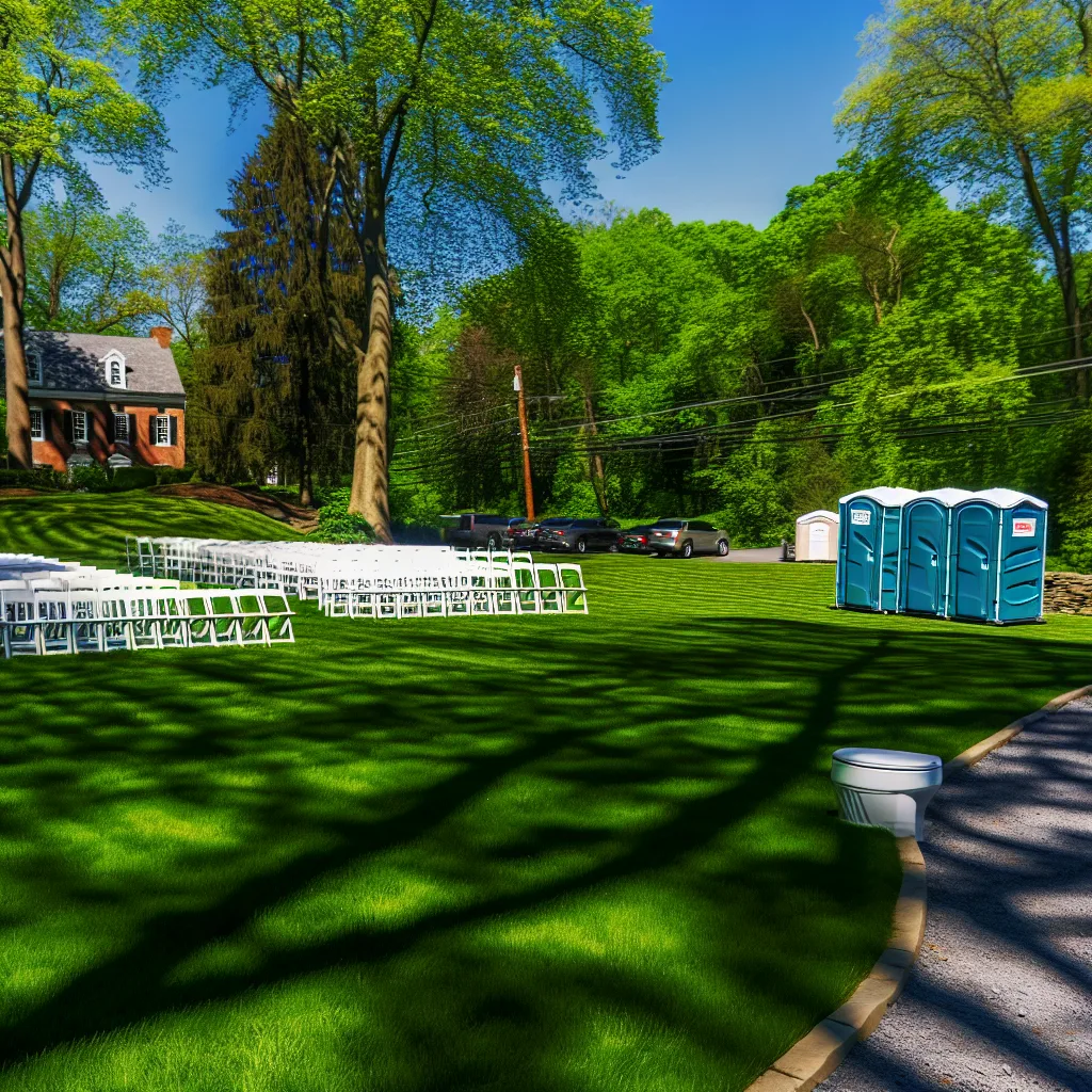 Clean backyard event space in York with a portable restroom unit at the tree line and white chairs on green grass.