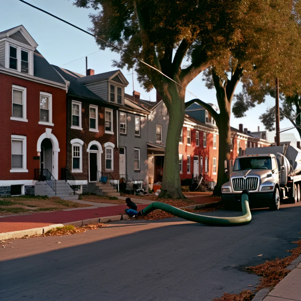 Sanitation pump truck parked on a brick-lined York street with a hose running to a residential property access point.